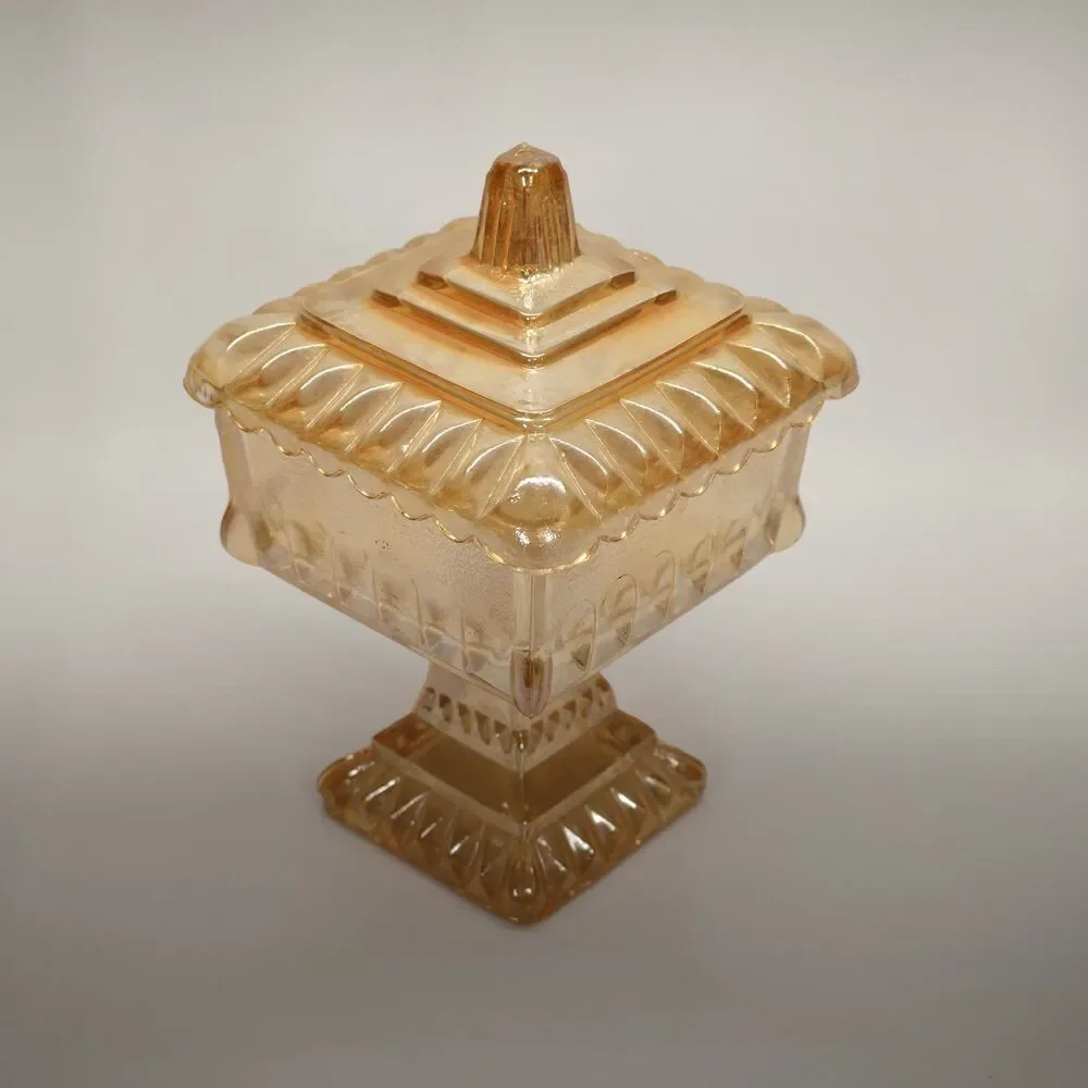 Jeannette Marigold Carnival Glass Covered Pedestal Candy Dish Vintage Square
